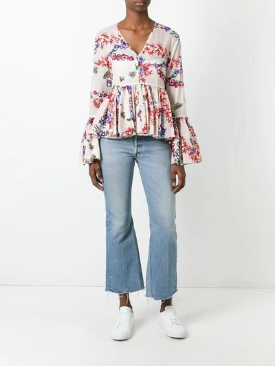 Shop Msgm Floral Print Ruffled Blouse - Nude & Neutrals