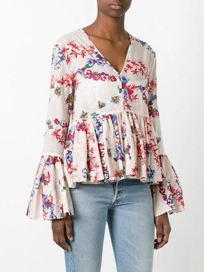 Shop Msgm Floral Print Ruffled Blouse - Nude & Neutrals