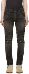 BALMAIN Black Distressed Biker Rib Jeans