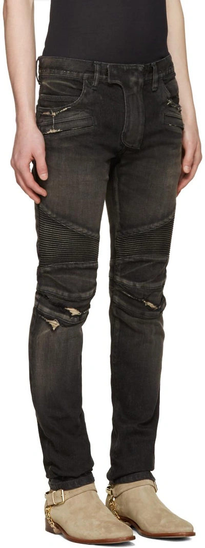 Shop Balmain Black Distressed Biker Rib Jeans