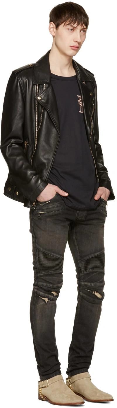 Shop Balmain Black Distressed Biker Rib Jeans