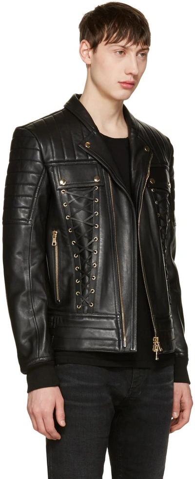 Shop Balmain Black Leather Lace-up Biker Jacket