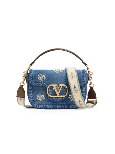 Valentino Alltime Medium Embroidered Denim Shoulder Bag With Embroidered Ribbon Strap In Blue