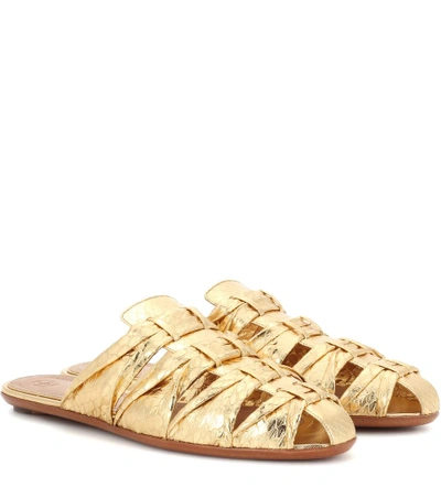 The Row Capri Water-snake Metallic-leather Slides In Gold