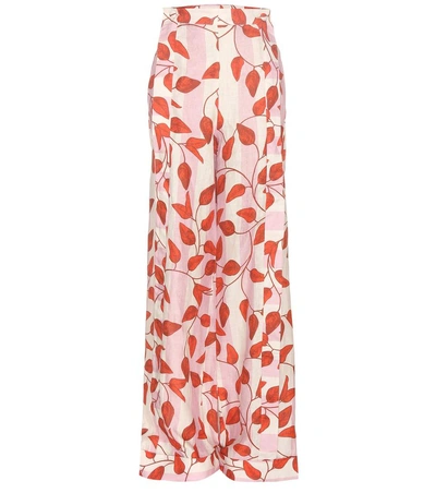 Johanna Ortiz Colorado High-waist Leaf-print Trousers, Red/pink In Printed Linen