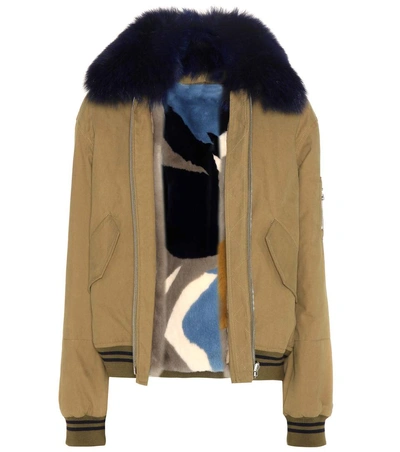 Yves Salomon Woven Bomber Jacket W/fur Collar, Green/blue