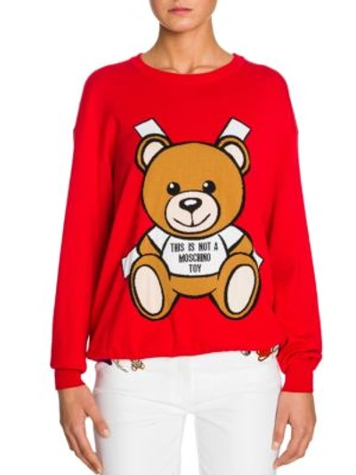 Moschino Bear Intarsia Cotton Knit Sweater Dress In Red