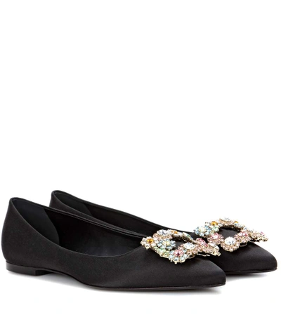 Roger Vivier Crystal-embellished Satin Point-toe Flats In Black