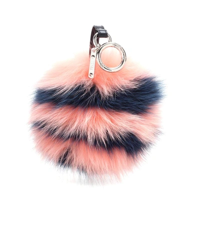 Fendi Striped Fur Pompom Bag Charm In Midnight-blue And Coral-pink