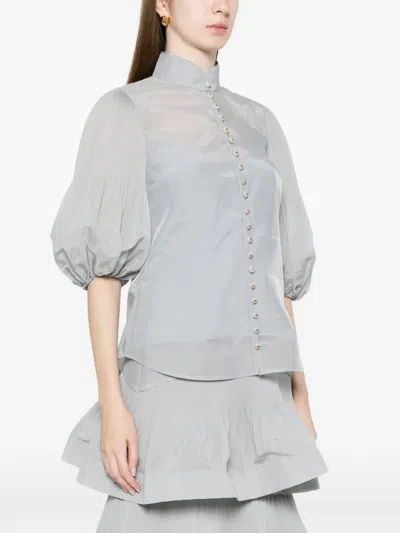 Zimmermann Button Bishop-sleeved Blouse In Gray