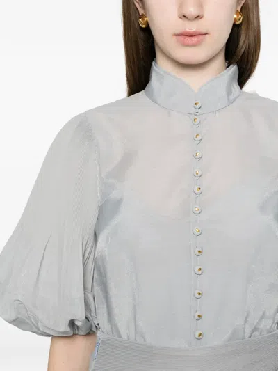 Zimmermann Button Bishop-sleeved Blouse In Gray