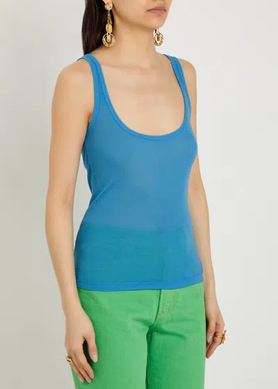 Versace Ribbed Silk-nylon Sleeveless Top With Subtle Logo In Blue