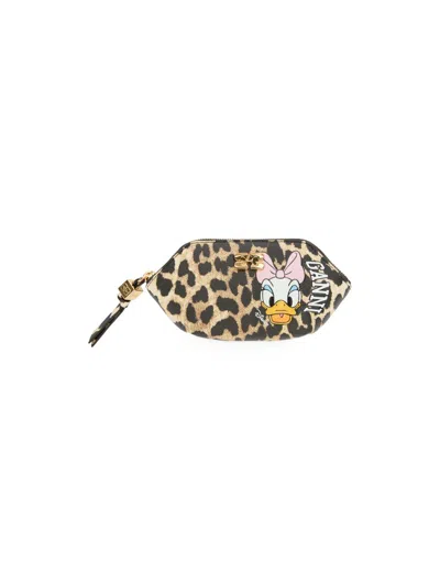 Ganni Bou Daisy Duck Leopard Print Coin Purse In Nude