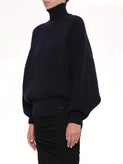 Balmain Batwing Ribbed Knit Pullover In Blue