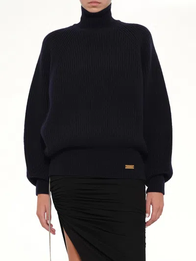 Balmain Batwing Ribbed Knit Pullover In Blue
