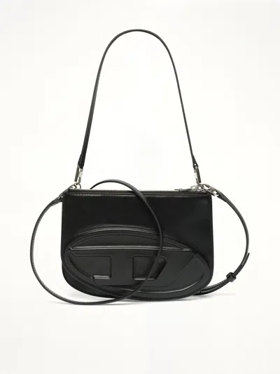 Diesel Twin-double-pouch Embossed-leather Shoulder Bag In Black