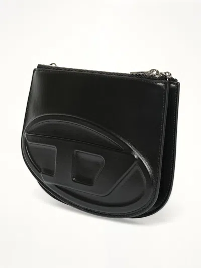 Diesel Twin-double-pouch Embossed-leather Shoulder Bag In Black