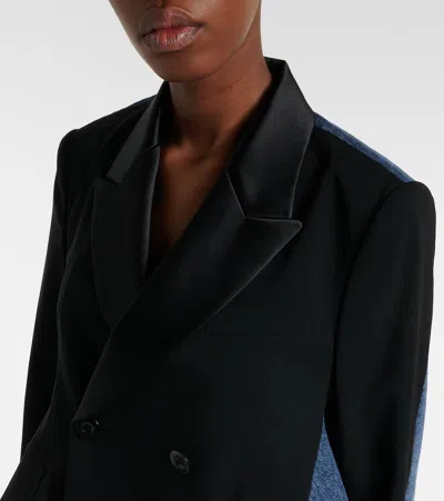 Sacai Womens Black Blue Tailored-contrast Wool And Denim Jacket In Black