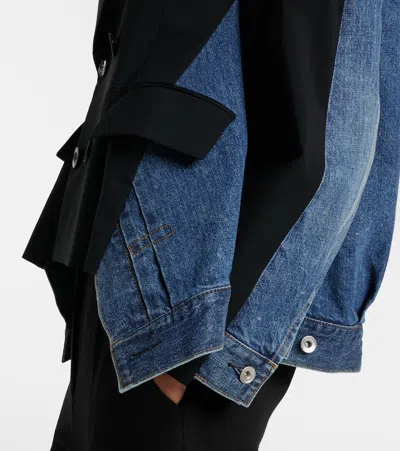 Sacai Womens Black Blue Tailored-contrast Wool And Denim Jacket In Black