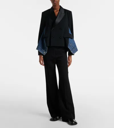 Sacai Womens Black Blue Tailored-contrast Wool And Denim Jacket In Black