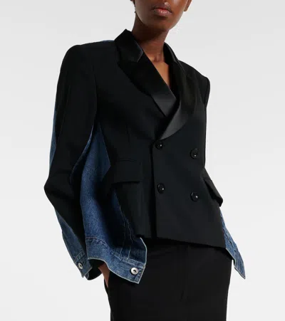 Sacai Womens Black Blue Tailored-contrast Wool And Denim Jacket In Black