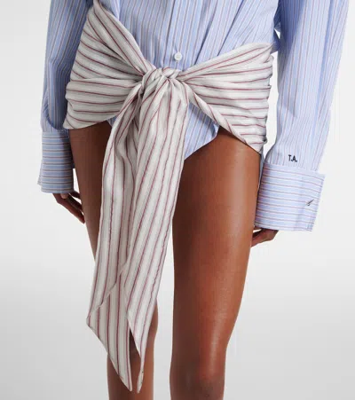 Attico Belted Striped Cotton-poplin Mini Dress In Blue