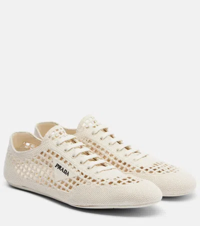 Prada Collapse Crochet Knit Low-top Sneakers In Neutral