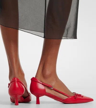 Prada Open-side Leather Pumps With Bow Detail And 4.5cm Heel In Red