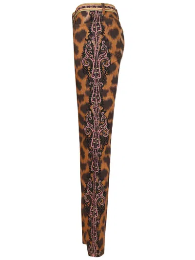 Etro Bootcut Jeans In Bull Denim With Animal Motif In Brown