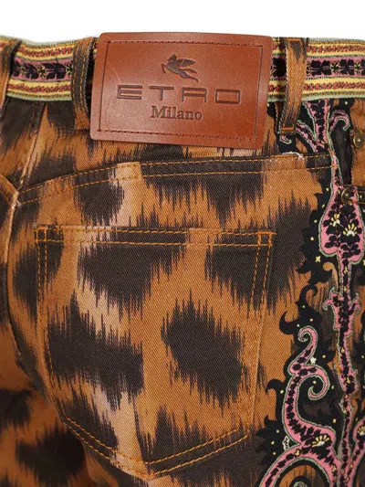 Etro Bootcut Jeans In Bull Denim With Animal Motif In Brown