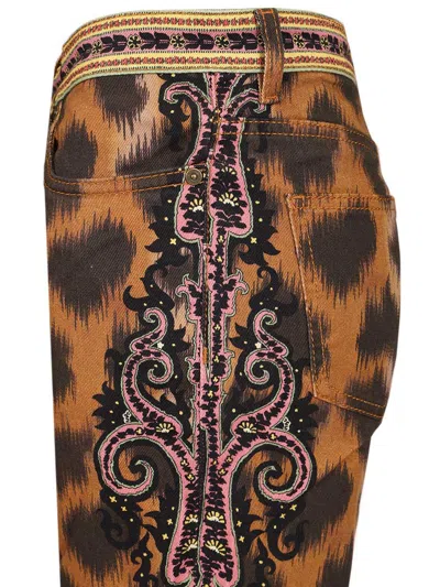 Etro Bootcut Jeans In Bull Denim With Animal Motif In Brown