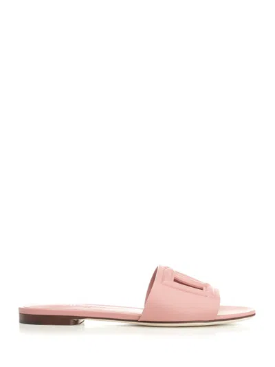 Dolce & Gabbana Women Pink Slide Sandals With Cut Out Logo In Leather Woman