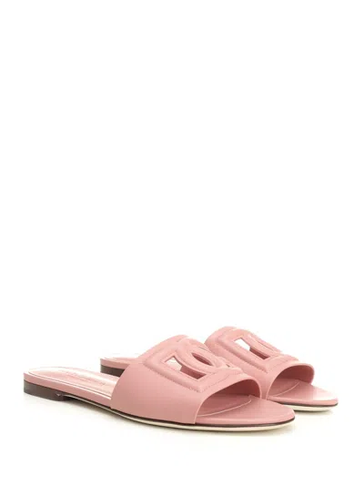 Dolce & Gabbana Women Pink Slide Sandals With Cut Out Logo In Leather Woman