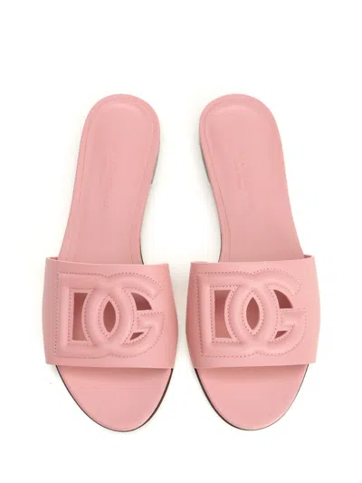 Dolce & Gabbana Women Pink Slide Sandals With Cut Out Logo In Leather Woman