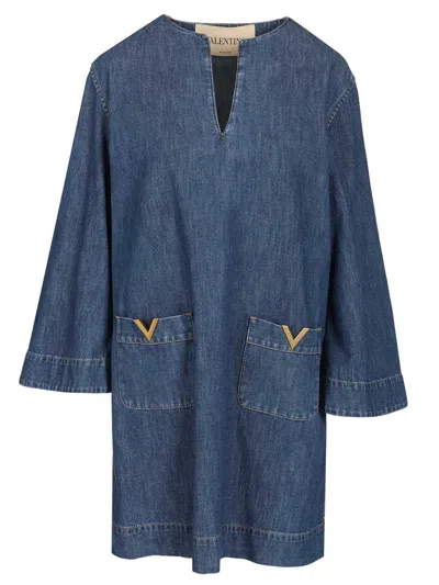 Valentino Vlogo Signature Denim Dress Three Quarter Sleeves In Blue