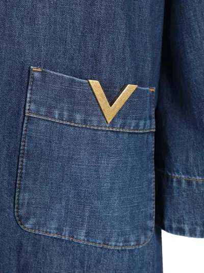 Valentino Vlogo Signature Denim Dress Three Quarter Sleeves In Blue