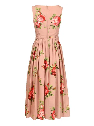 Dolce & Gabbana Abito Midi In Cotone Rosa Con Stampa Fiori Dolce E Gabbana In Pink