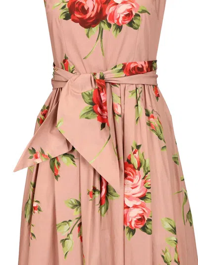Dolce & Gabbana Abito Midi In Cotone Rosa Con Stampa Fiori Dolce E Gabbana In Pink