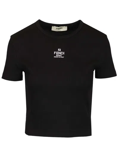 Fendi Women T-shirt A Coste Cropped Con Dettaglio Logo In Cotone Stretch Nero Donna In Black