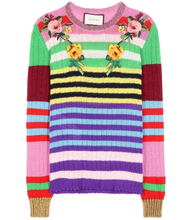 Shop Gucci Striped Wool And Cashmere Sweater With Embroidered Appliqué In Mariee Lluette