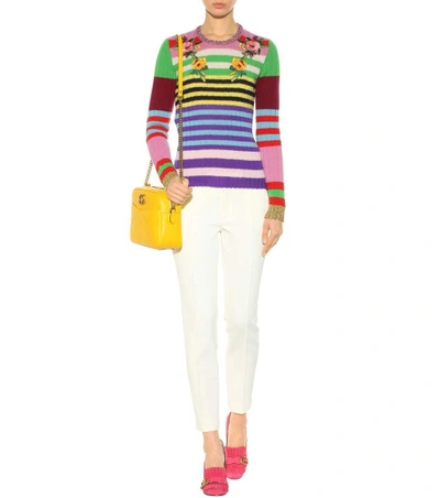 Shop Gucci Striped Wool And Cashmere Sweater With Embroidered Appliqué In Mariee Lluette