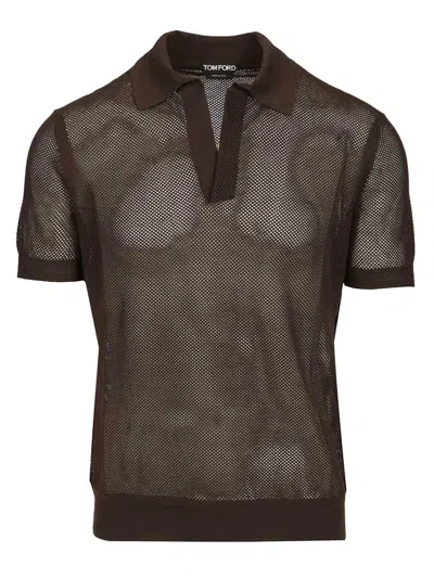 Tom Ford Mens Chocolate Open-collar Mesh Cotton And Silk-blend Polo Top In Brown