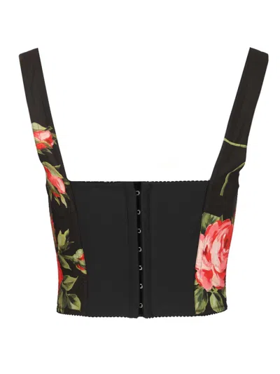 Dolce & Gabbana Top Nero In Seta Con Stampa Floreale Dolce E Gabbana In Multi
