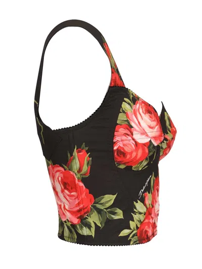 Dolce & Gabbana Top Nero In Seta Con Stampa Floreale Dolce E Gabbana In Multi