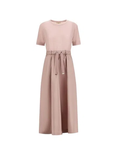 Herno Midi Dress Short Sleeves Round Neckline Drawstring In Pink