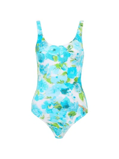 Chloé White And Blue Aqua Flower-print Lycra One-piece Swimsuit In Blue