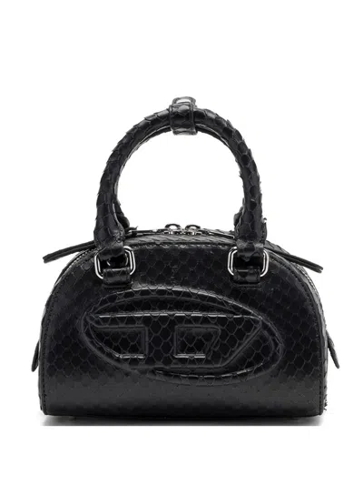 Diesel 1dr Dome-mini Bowling Bag In Snake-effect Leather In Black