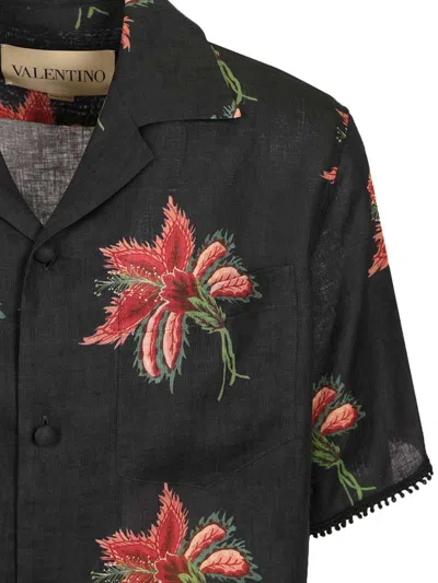 Valentino Camp Collar Shirt Floral Pattern Short Sleeves In Blue