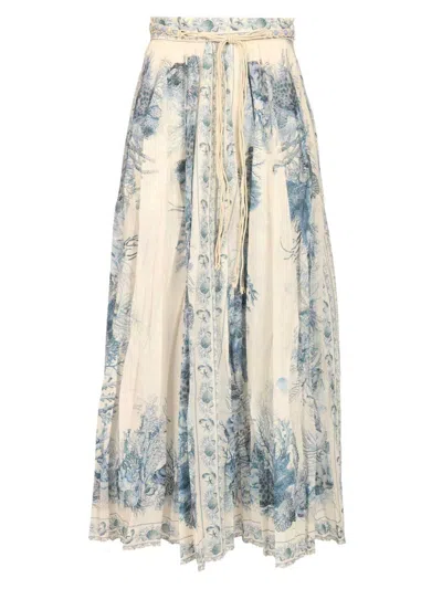 Zimmermann Wanderlust Belted Pleated Printed Cotton Maxi Skirt In Blue