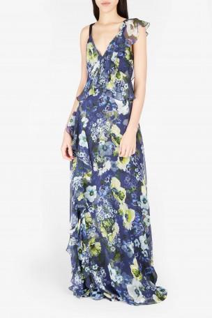 Erdem Ruffle-trimmed Floral-print Silk-voile Gown In Navy Multi | ModeSens